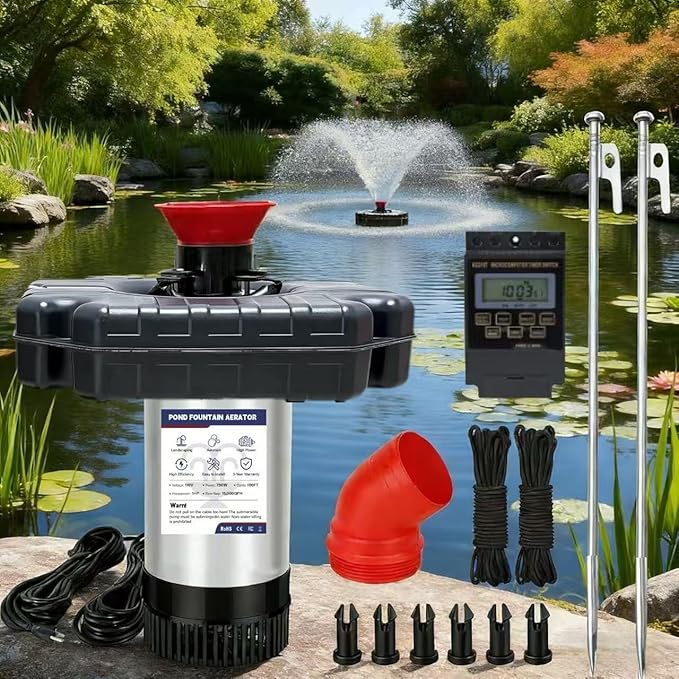 Pond Fountain Aerator, Pond Fountain, 1 HP Pond Aerator /110V 15,000 GPM, 100-foot Power Cord + 2 x 33-Foot Ropes/Timer Aerator Fountain, Suitable for Various Ponds and Lakes