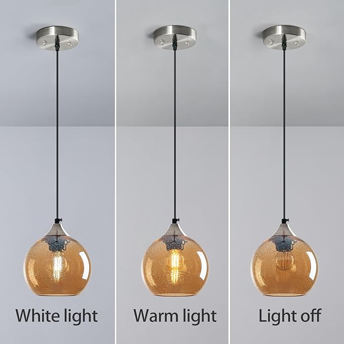Amber Glass Pendant Lights Kitchen Island Globe Pendant Light Fixtures Modern Pendant Lighting for Bedroom Living Dining Room Light Fixture (5.9 in, 3 Pack)