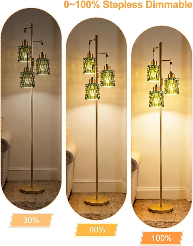 Lightdot 67" 3-Light Glass Floor Lamps for Living Room, Dimmable Floor Lamp with Green Glass Shade& E12 Bulbs Included, Mid Century Standing Tall Lamp for Bedroom/Sofa Beside/Corner Decor-Gold