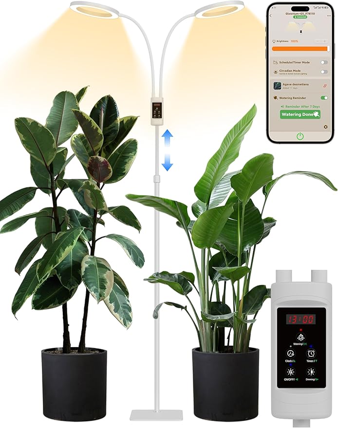 GLOWRIUM Smart Grow Lights for Indoor Plants, 48W Full Spectrum Plant Lights with Bluetooth App, Adjustable Height 47-70.9", Auto Timer, Indoor Plant Lamp for Large Tall Plants（White 48W）