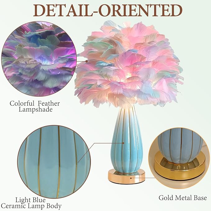 Colorful Feather Lamp Modern Feather Table Lamp Romantic Rainbow Bedside Lamp Nordic Fluffy Princess Nightstand Light for Girl Bedroom Living Room Entry Office Wedding Atmosphere