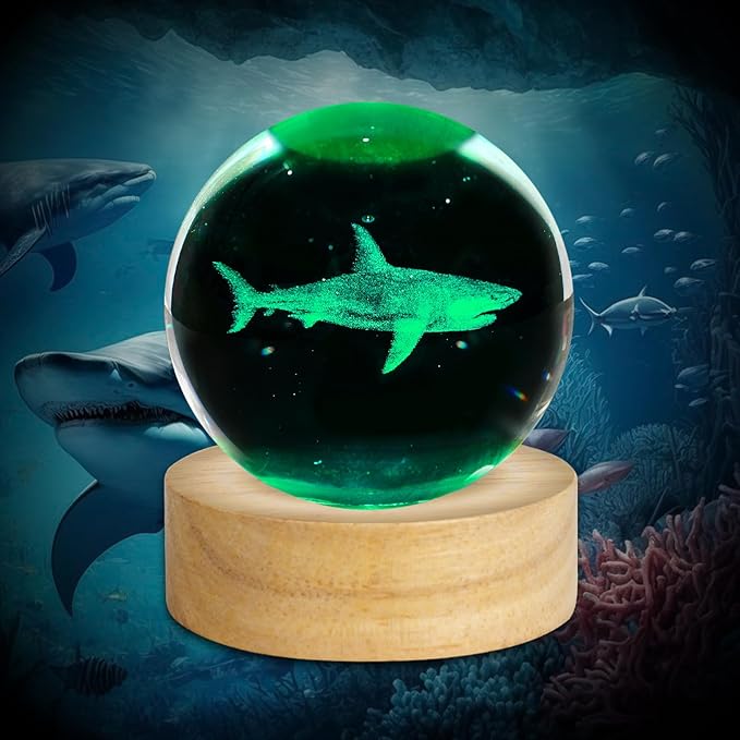 3D Crystal Ball Night Light 2.4in Shark Figurines Decor Table Lamp With 16 Colors Change - Stuff for Room Birthday Christmas Toys Gifts for Kids Friends Women Shark Lovers
