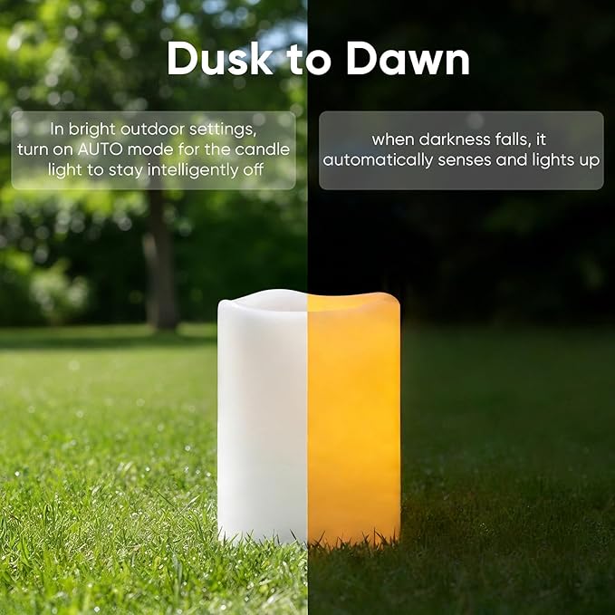 Amagic Flameless Candles Dusk to Dawn Sensor, Outdoor Waterproof Candles Battery Operated, Auto On/Off Flickering Fake LED Pillar Candle for Patio, Yard, Porch, Entryway, Lantern Decor, D3” x H4”5”6”