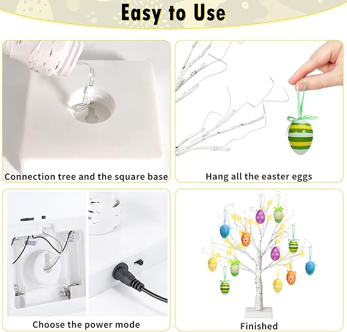 24" Easter Lighted Birch Tree with 12pcs Ornaments,Warm White LEDs Birch Tree Light Tabletop Artificial Tree 8 Lighting Modes USB or Batteries Operated with Timer for Easter Decor