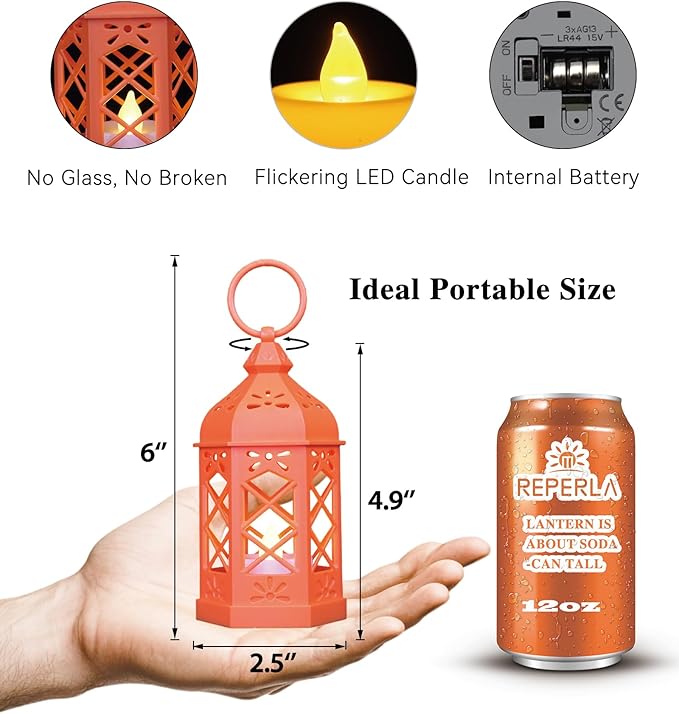 8-Pack Mini Lanterns for Ramadan, Halloween, Christmas, Small Lanterns with Flickering LED Candle for Enchanted Forest Wedding, Moroccan Lantern for Table Centerpiece, Medieval Decor, Orange