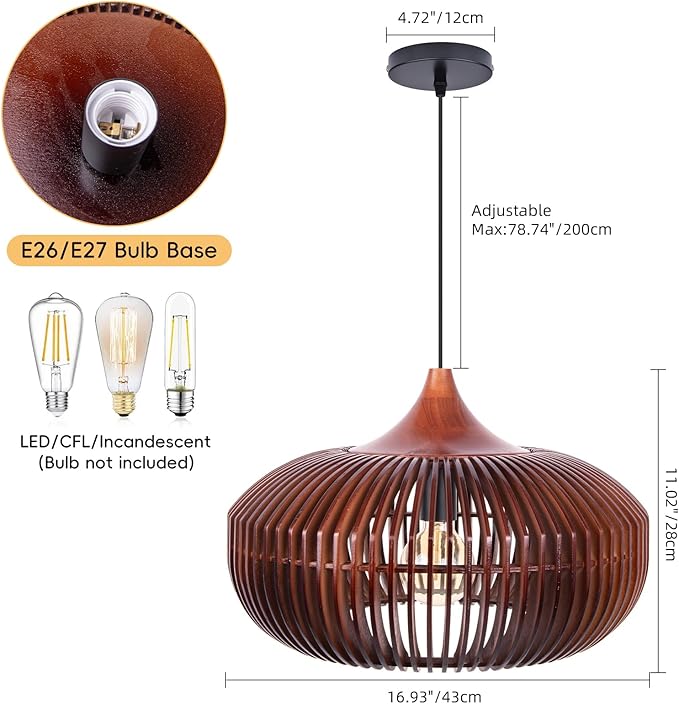 Wooden Pendant Lights, 16.89" 1-Light Wood Chandelier Coffee Lampshade Ceiling Fixture with Lamp Shade, Coastal Hanging Lighting for Dining Room Kitchen Island