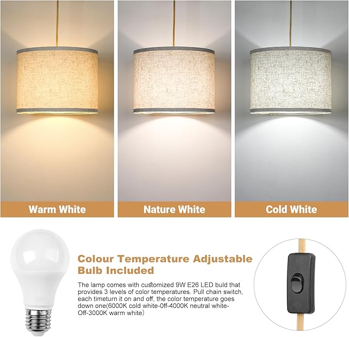 Plug in Pendant Light, Hanging Lamp with Plug in Cord, Rustic Farmhouse Hanging Lights with 3-Way Dimmable Bulb, Pendant Lights Fixtures for Kitchen Dining Room Bedroom Entryway, (Beige Shade)