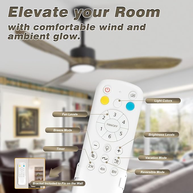 VACILL Ceiling Fans with Lights and Remote, 52inch Amber Wood Fan, 6 Speeds Silent Reversible DC Motor,3CCT LED Dimmable Light with Memory Function Indoor Outdoor Fan Farmhouse Bedroom Living Room