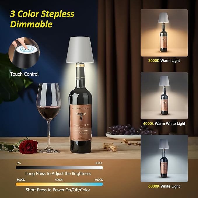 2025 New Wireless Bottle Lamp - LED Bottle Lights for Liquor & Wine Bottles, Cordless Lampshade, Whiskey Bottle Top Light, Bottle Stopper Night Light Kit, Rechargeable 3-Tone Touch-Dimmable