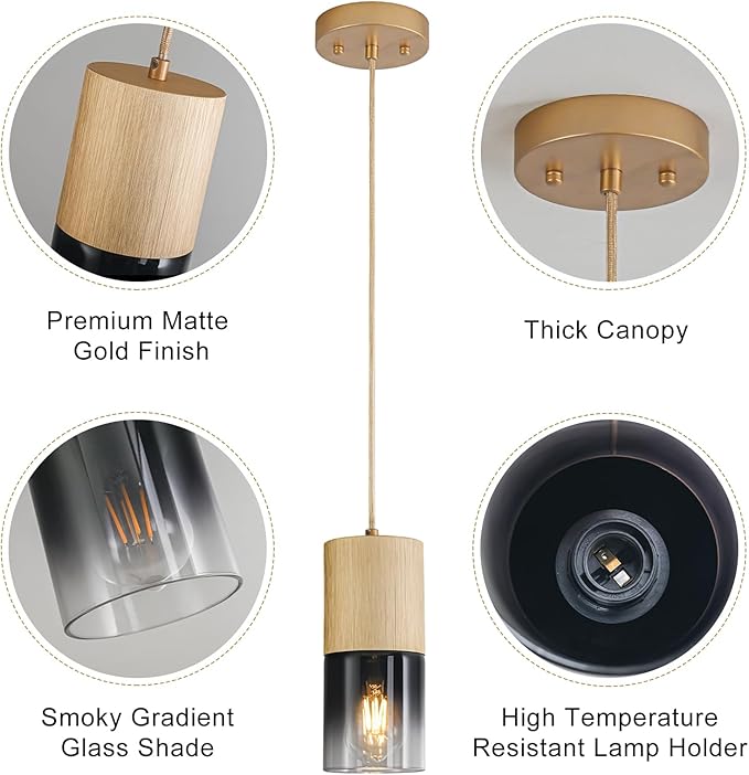 Gold Pendant Light Fixtures, Adjustable Modern Black Pendant Lights for Kitchen Island, Industrial Glass Pendant Lights for Dining Table Hallway Bedroom Living Room,1 Pack
