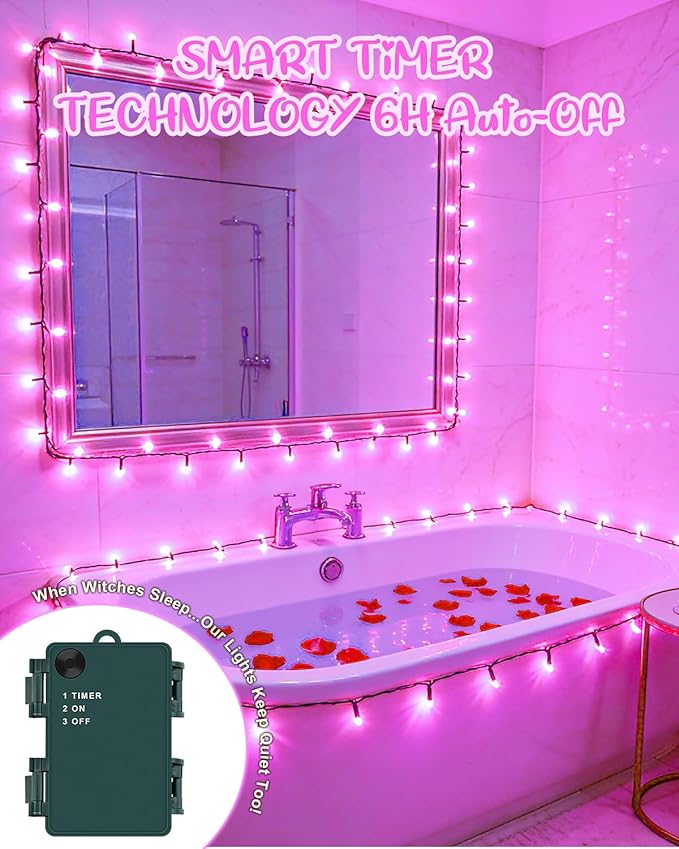 Pink String Lights Battery Operated, Valentine’s Day Lights with Timer Waterproof 9.8ft 30 LED Valentines Decorations for Outdoor Indoor Patio Party Garden Yard Decor 2 Packs