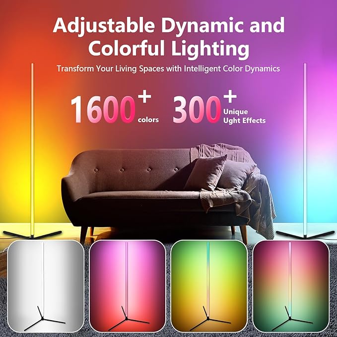 Swingers Smart RGB LED Corner Floor Lamp，Adjustable Shape Led Floor Lamp with Music Sync and 16 Million DIY Colors,Remote & App Led Lights for Bedroom Living Room (Triangular Base)