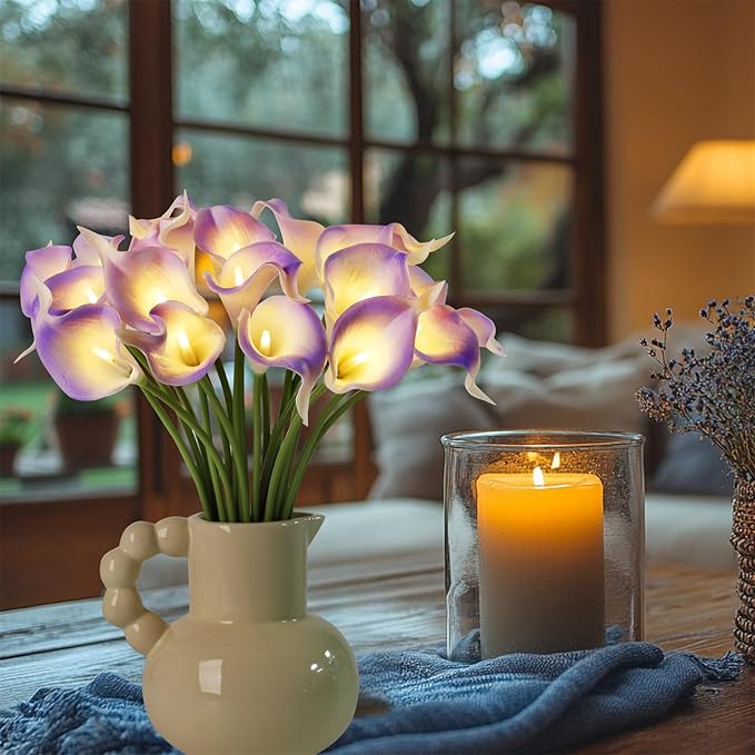 20pcs Lighted Artificial Calla Lily Bouquet Faux Floarl Night Light Real Touch Flower Night Light LED Calla Lily lighted Artificial Flower for Holiday Gifts Home Kitchen Decor(Light Purple, No Vase)