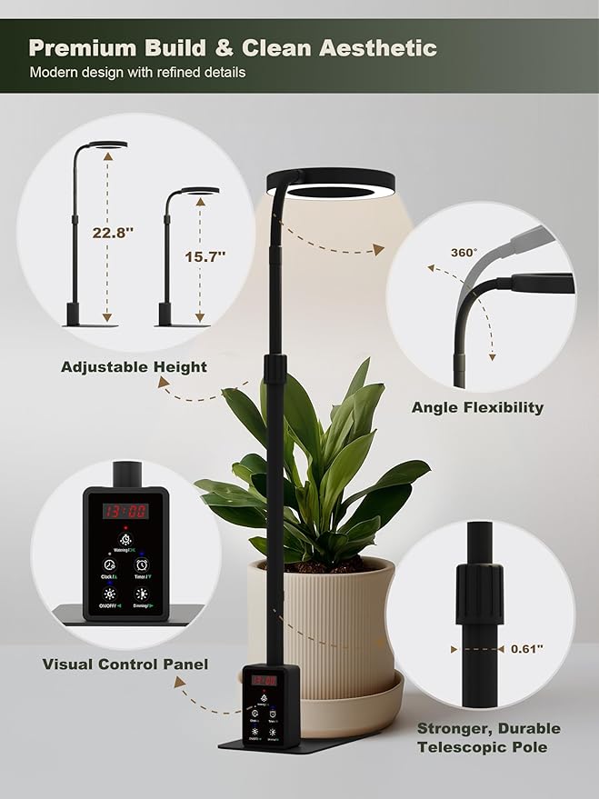 GLOWRIUM Smart LED Grow Lights for Indoor Plants G4, 12W Full Spectrum 3500K with Grow lamp, Bluetooth App Control, 10-Level Dimming, Gooseneck, Height Adjustable 16"-23", Auto Timer, (Black 12W)