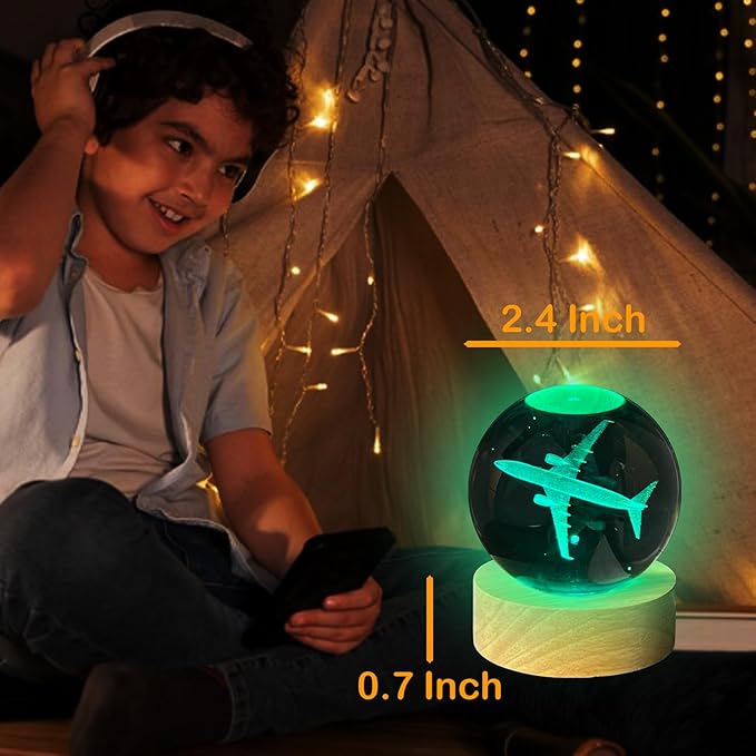 Catta 3D Airplane Crystal Ball Night Light, Remote Control with 16 Colors Change,Plane Decor for Men Boy Kids Room(2.4 Inch)