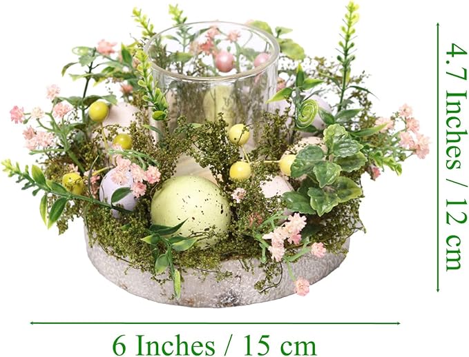 Colorful Easter Eggs Glass Tealight Candle Holder Cup, Candle Sticks lamp Tea Light Candlestick Holder with Artificial Plants Flowers for Spring Easter Home Table Centerpiece Decors (Exclude Candles)