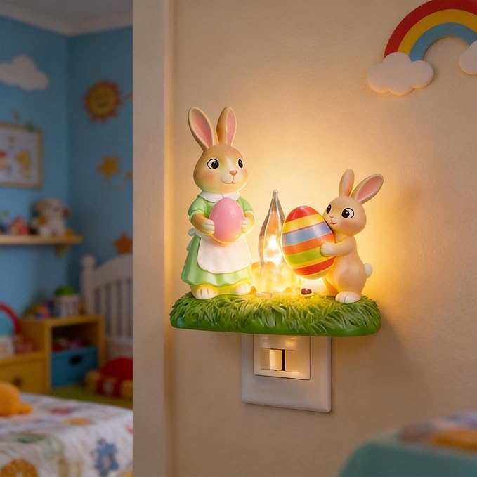 Easter Night Light - Bunny Campfire Plug in Wall, Mother & Baby Rabbit Lamp with Flickering Flame, Handmade Resin Easter Home Decor, Warm Nightlight for Bedroom Nursery or Festive Gift