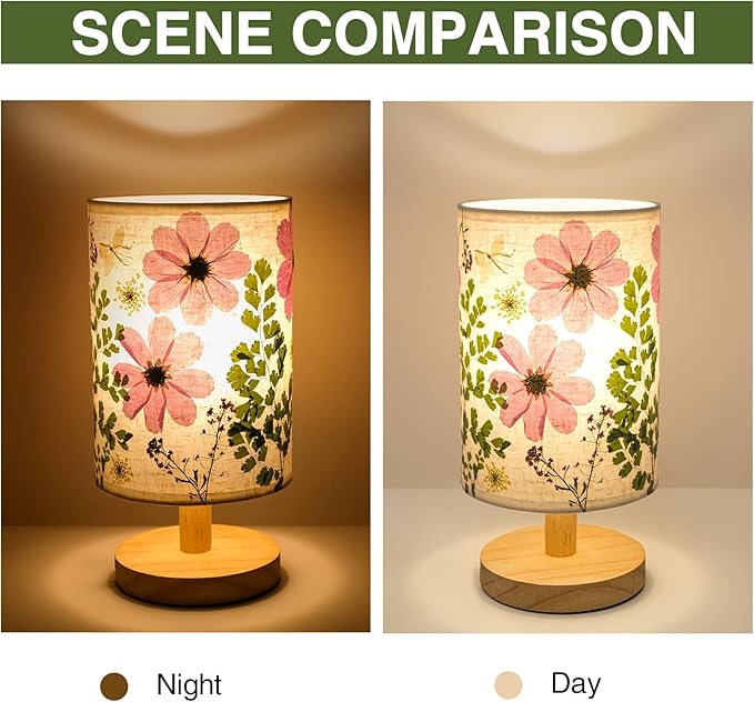 Dried Flowers Small Table Lamp 5W LED 3-Color Bedside Lamp Pressed Flowers Lampshade with Wood Base for Bedroom Living Room Desk Nursery