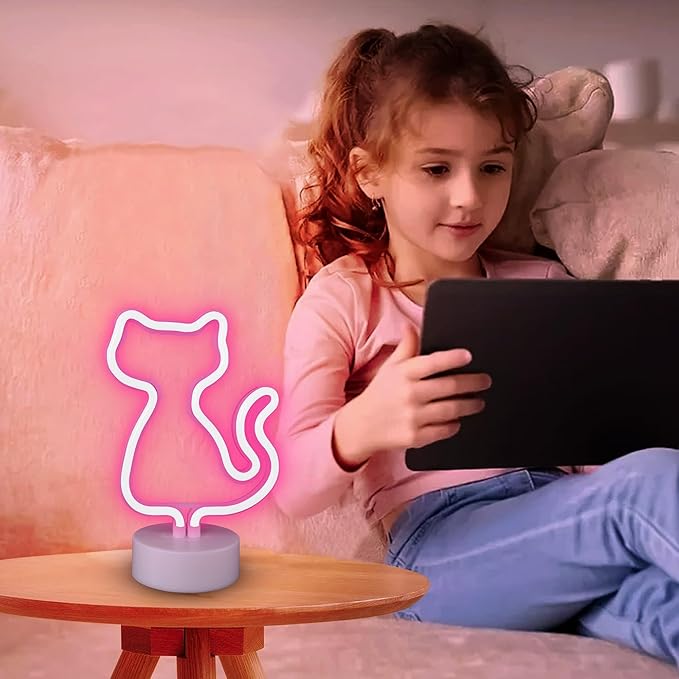 Valentine's Day Gifts for Girls: Cat Neon Signs with Holder Base - USB & Battery Powered Cute Pink Cats Led Neon Light Kids Room Decor, Led Light for Home, Girls Bedroom, Office, Party, Birthday Gifts
