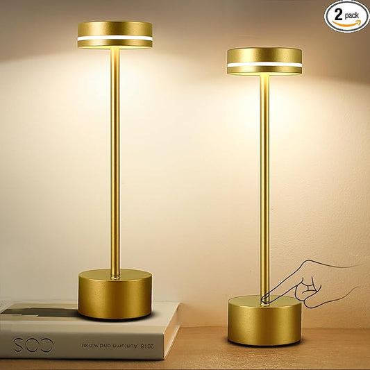 2 Pack LED Cordless Table Lamp Rechargeable, 5000mAh Portable Battery Operated LED Desk Lamp, 3 Color Dimmable Table Light for Reading/Home Office/Dining for Home Décor – Bright Gold