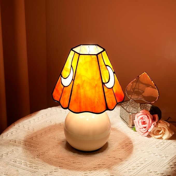 Mushroom Lamp Tiffany Lamp Stained Glass Table Lamp Moon Cute Small Bedside Lamps for Living Room Home Decor,Unique Aesthetic Home Living Room Decor Girls Women Birthday Day Gift,Orange