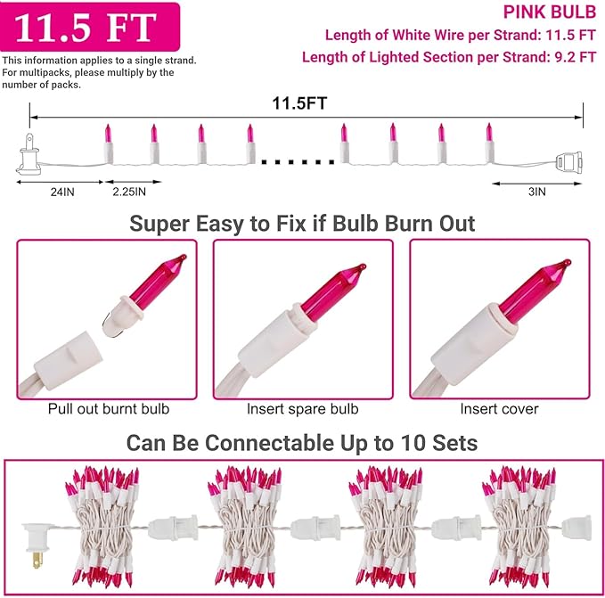 WATERGLIDE 2 Pack Valentine's String Lights, 50 Count 11.5FT White Wire Mini Incandescent Christmas Fairy Light, UL Certified for Patio Wreath Garland Garden Easter Holiday Outdoor Indoor Decor, Pink