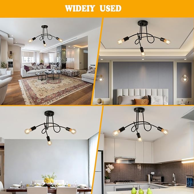 Modern Farmhouse Chandelier,22 Inch Black Metal Spiral Rustic Vintage Semi Flush Mounted Ceiling Light Fixture for Dining Room Bedroom Kitchen Island Hallway Foyer Entryway(3-Light)