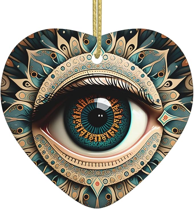 Ethnic Flowers Eye of Evil Christmas Ornaments, Christmas Decorations Xmas Tree Hanging Ornaments, Heart-Shaped Ceramic Festive Keepsake Gift for Christmas Decorations Holiday Home Party
