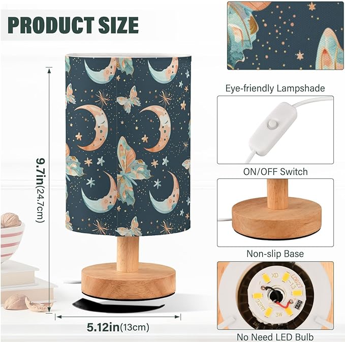 Watercolor Colorful Butterflies and Moon Stars Bedside Table Lamps with USB Port for Bedroom Lamp Accent Table Lamp Small Nightstand Lamp Linen Shade Wooden Decorative Lamps for Home|Kids|Dome
