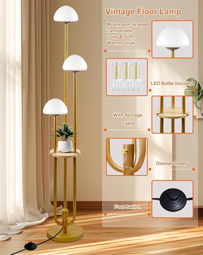 Gold Dimmable Floor Lamp with Table, Modern Floor Lamps for Living Room, 3000K Warm White Tall Standing Lamp with Mushroom Shades & Bulbs for Bedroom/Office