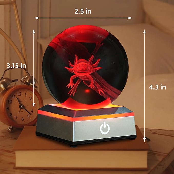 3D Axolotl Crystal Ball Night Light 3.15 inch Glass Ball Table Lamp with Color Changing Touch Base Decor Ideal Axolotls Gifts for Friends Kids Christmas Birthday