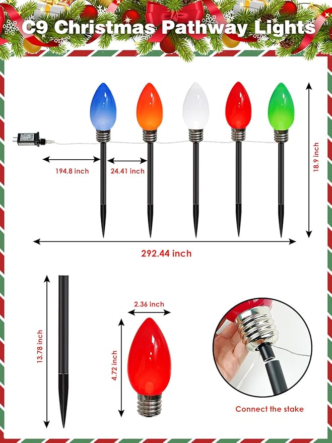 10 Pack Large C9 Christmas Decorations Outdoor, Waterproof C9 Christmas Lights Plug in with 2 Modes and Timer, Pathway Light for Party Indoor Courtyard Patio Lawn Garden Xmas Decoration (Multicolor)