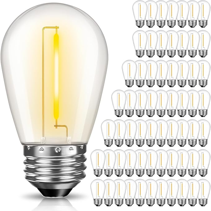 64 Pack LED S14 Replacement Light Bulbs, Shatterproof 1W Vintage Edison Bulbs for Outdoor Patio Backyard String Lights, Dimmable, E26 Screw Base, 2200K Warm White