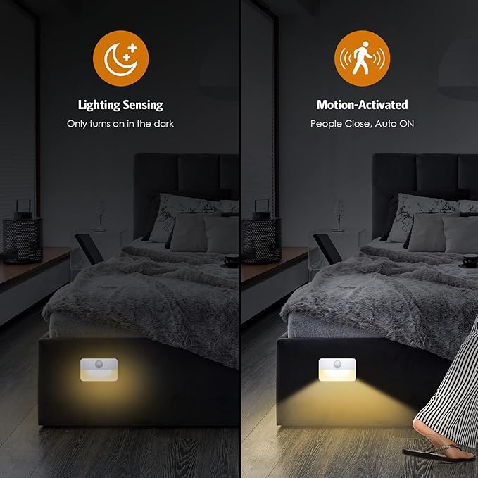 【2 Pack】Motion Sensor Night Light, Stick-On Motion Sensor Lights Indoor, Battery Powered Under Cabinet Kitchen Lights with Adhesive Pads, Auto/On/Off for Cupboard Wardrobe Stair Kitchen- Warm White
