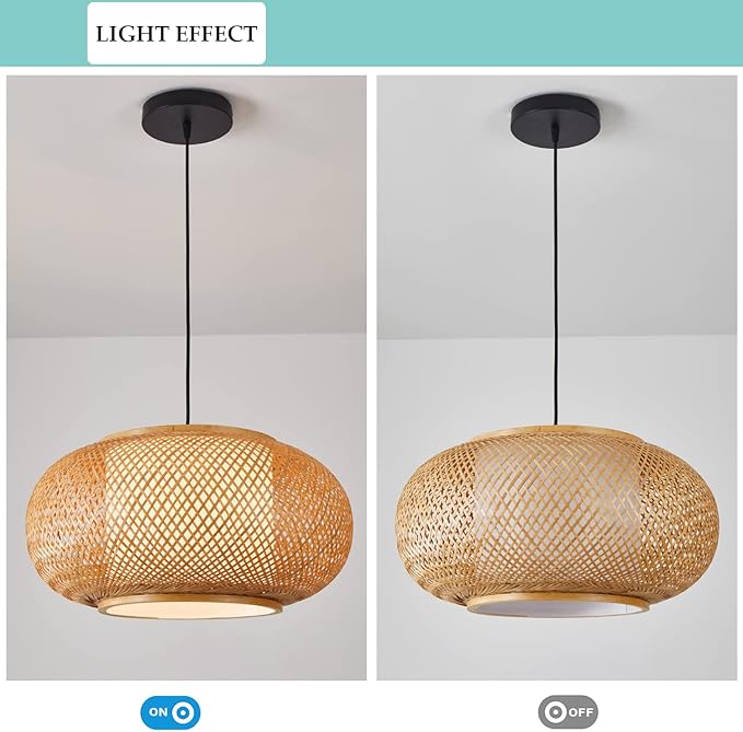 Bamboo Pendant Light Basket Weave Hanging Light, 1 Light Elegant Rattan Chandelier for Kitchen Island Nursery (19")