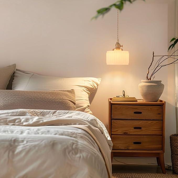 Pendant Light 2 Pack with White Striped Glass Lmapshade, Brass Vintage Pendant Light Adjustable Hanging Light for Kitchen Island Dining Room Hallway