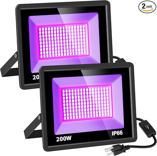 2 Pack 200W LED Black Light, IP66 Waterproof Outdoor Blacklight Flood Light Spotlight with Plug, Switch, Cord for Neon Glow Party Fluorescent Poster Body Paint Stage Lighting Halloween Decor