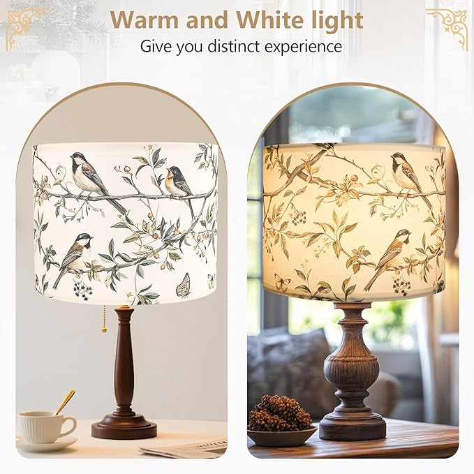 Fabric Linen Lamp Shade, Bird and Branch Pattern Lampshade, Unique Lamp Shades for Floor Lamps fit with Spider/Uno, 13x13x10inch Drum Lampshades for Table Lamp/Pendant (1Pack/Easy Assemble)