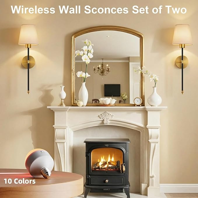 Wall Sconces Battery Operated Set of 2, Rechargeable Wall Sconce, 10 Colors Wireless Wall Sconces Set of Two, 5200mAh Dimmable Bulbs and Remote, for Bedroom Living Room, Hallway (Black-Gold - 24 inch)