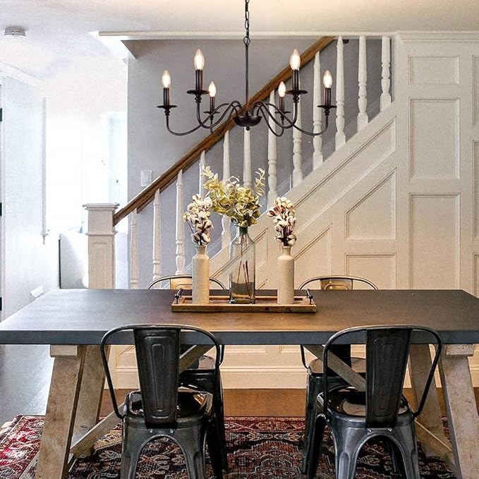 Depuley Farmhouse Chandelier for Dining Room: 6-Light Black Industrial Kitchen Island Pendant Light Fixture - Rustic Candle Chandeliers Vintage Modern Hanging Ceiling Lamp for Bedroom Foyer