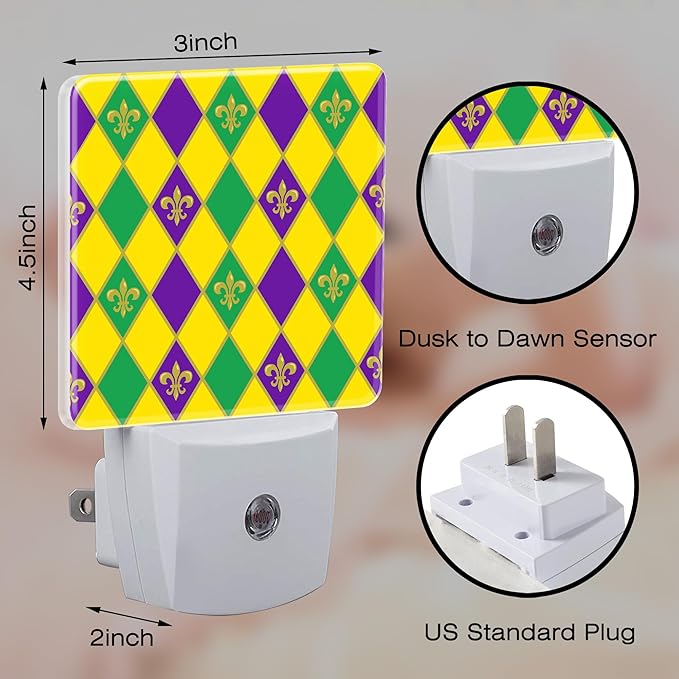 Mardi Gras Carnival Night Light, Colorful Fleur-de-lis Dusk to Dawn Night Light Plug in, 0.5w Energy Saving Sleep Friendly NightLight for Kids Boys Girls Home Decor