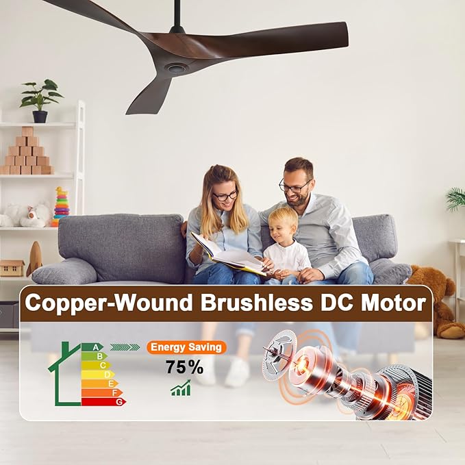 CACI Mall Ceiling Fan No Light, 52 inch Low Profile Flush Mount Modern Ceiling Fan with Remote Control and Reversible DC Motor, for Bedroom Living Room Patio Indoor Outdoor, Brown