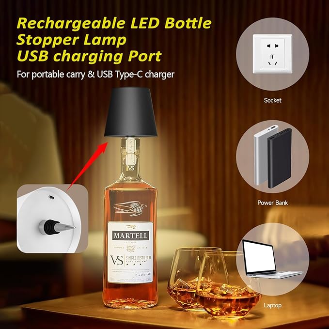 2025 New Wireless Bottle Lamp - LED Bottle Lights for Liquor & Wine Bottles, Cordless Lampshade, Whiskey Bottle Top Light, Bottle Stopper Night Light Kit, Rechargeable 3-Tone Touch-Dimmable