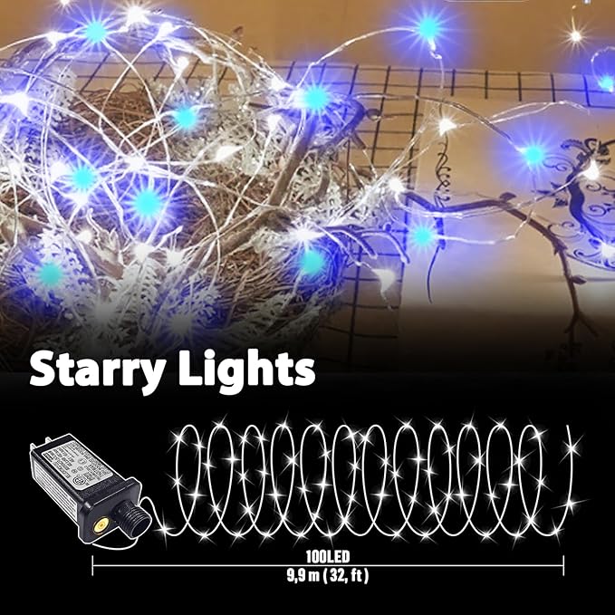 LAMPHOME Fairy Lights Plug in, 33Ft 100 LEDs Waterproof Twinkle Firefly Lights, Adaptor Included, Starry String Lights for Wedding Indoor Outdoor Christmas Patio Garden Decoration, Blue and White