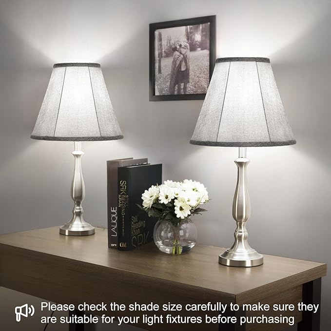 Bell Lamp Shades Set of 2, Gray Fabric Lampshades 6"Top x 13"Bottom x 10"High Medium Shade Replacement, Natural Linen Hand Crafted(Spider Fitter), Harp Holders Included, Easy Assembly Required