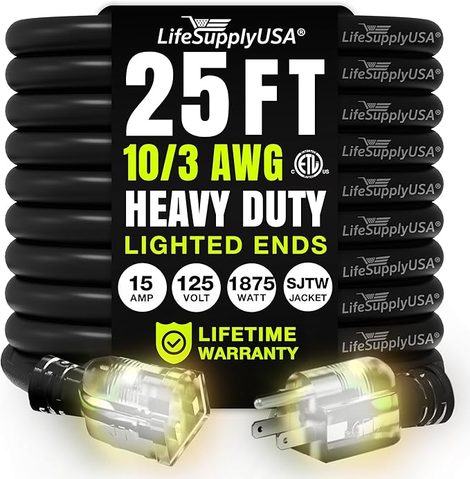 25ft Outdoor/Indoor Extension Cord 10/3 Gauge Ultra Heavy Duty 3 Prong SJTW, Waterproof, ETL Listed, Flexible Cold-Resistant Long Power Cord,15A 125V 1875W, Black by LifeSupplyUSA