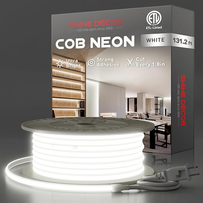 Shine Decor COB LED Rope Light AC 120V, 800lm Ultra Bright, IP65 Waterproof Cold-Resistant ETL Neon Strip, No Driver Tape Lighting for Home Commercial 10x4.5mm, 6000K Cool White, 131.2ft