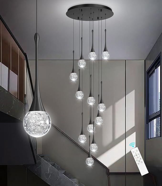 118 inches Modern Glam Crystal Chandelier for High Ceiling LED Dimmable Ceiling Pendant Light Staircase Foyer Enterway Living Room Chandelier Lighting Black 12 Lights