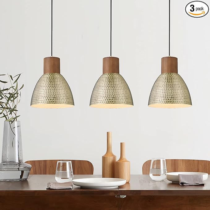 ELYONA Hammered Pendant Lights for Kitchen Island, 7” Solid Wood Vintage Metal Hanging Light Fixture Adjustable Height Antique Gold Pendant Lamp for Farmhouse, Dining Room, Brushed Brass, 3 Pack Small
