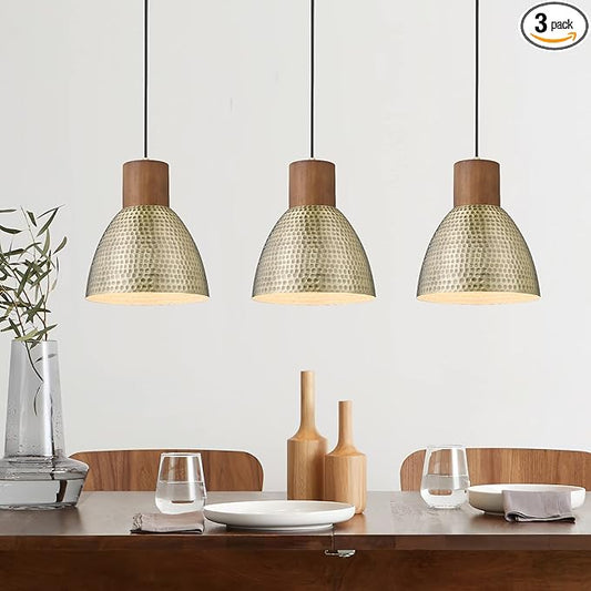 ELYONA Hammered Pendant Lights for Kitchen Island, 7” Solid Wood Vintage Metal Hanging Light Fixture Adjustable Height Antique Gold Pendant Lamp for Farmhouse, Dining Room, Brushed Brass, 3 Pack Small